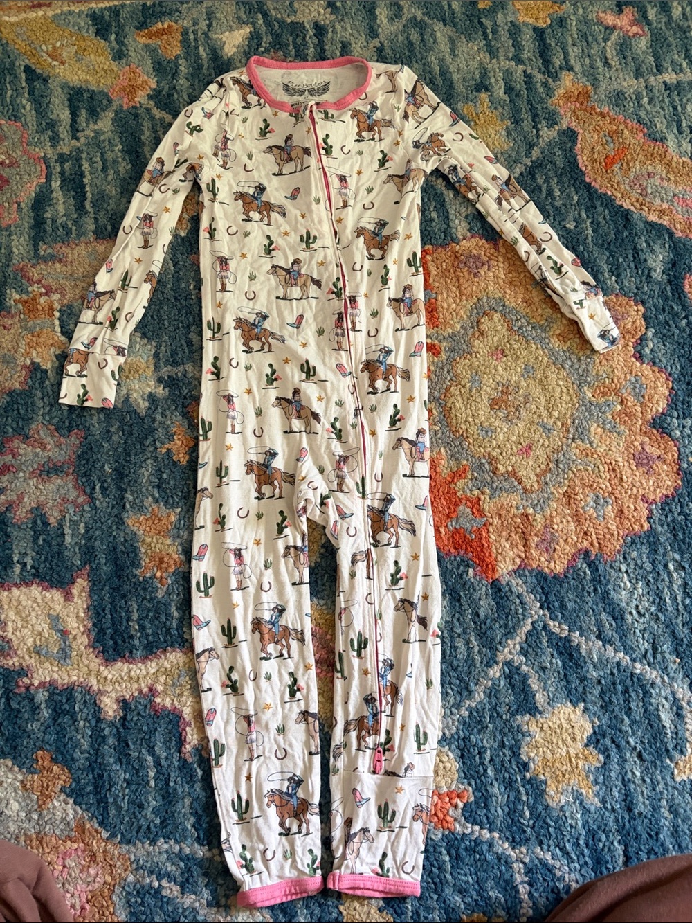 Kids White Cowboy Print Footless Pajama One-Piece with Pink Trim